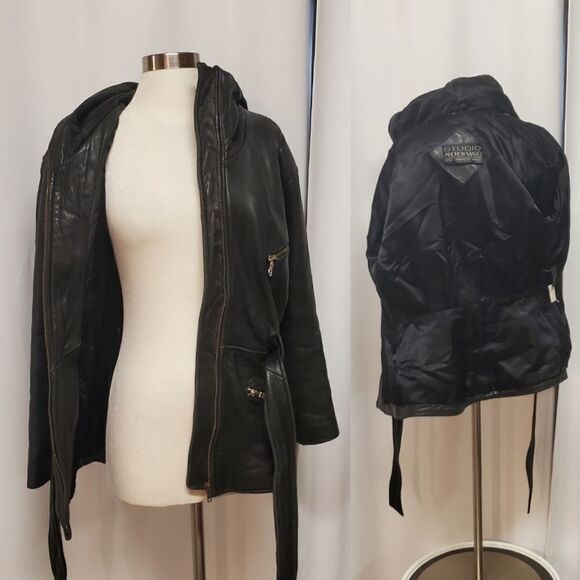 Vintage 90s y2k Andrew Marc Moto Jacket Black Leather Hooded Belted Woman's Sm - Picture 7 of 8